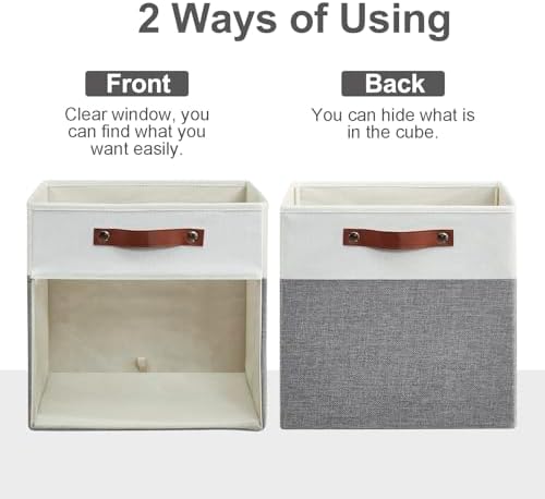 Bagnizer Storage Cubes, 4 Pack Linen Foldable Storage Bins (13 x 13 inch) with Clear Window and 2 Handles, Closet Organizers and Storage for Shelf Closet, Clothes, Books - (Gray and White) - Image 3