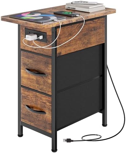 Huuger Narrow End Table with Charging Station, Side Table with 2 Drawers by Huuger