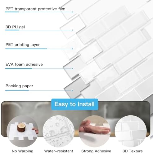 Art3d 10-Pack Subway Peel and Stick Backsplash, White Marble, 12 x 12 Inch - Image 7