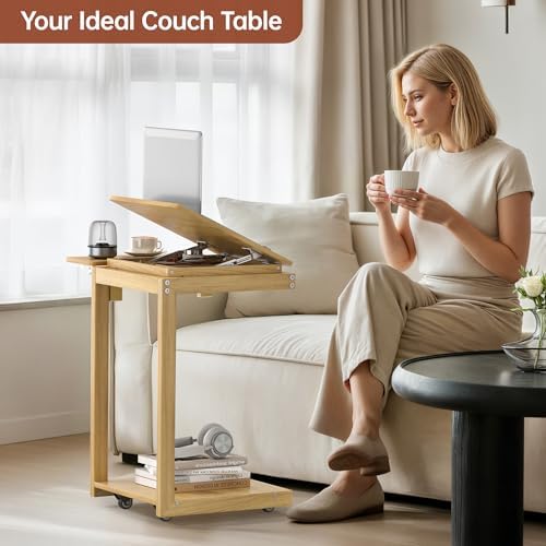OtterOasis C Shaped End Table for Couch Rolling Side with Wheels Oak - Image 6