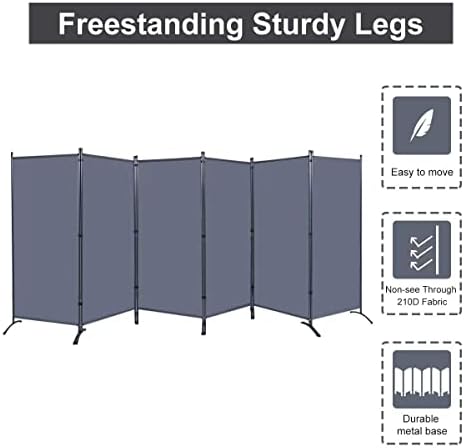 6 Panel Folding Room Divider,204" W x 71.3" H Portable Privacy Screen,Grey - Image 2