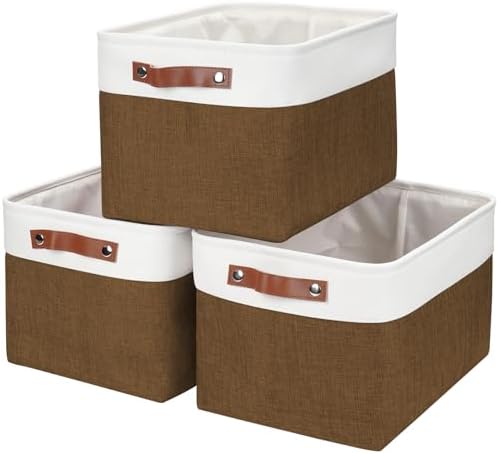 Bagnizer Storage Bins Large Fabric Storage Baskets for Shelves 3 Pack, Decorative Linen Closet Baskets with Handles for Organizing, Shelf, Clothes, Home, Office, 15x11x9.5Inches (Brown&White) by Bagnizer