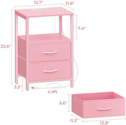 Huuger Nightstand with Charging Station, Side Table with Fabric Drawers - Image 2