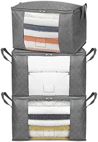 Amazon Basics Foldable Large Clothes Storage Bags with Clear Window & Carrying Handles, Closet Organizers, Zipper, 3-Pack, Gray by AmazonBasics