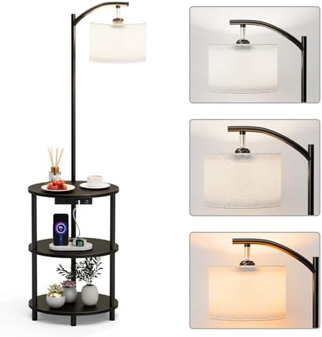 Round Side Table with Lamp and USB Ports, 3-Tier Small End Table for Living Room & Bedroom, Rustic Wood Metal Nightstand for Small Spaces, Easy to Assemble, Charcoal Wenge by RISWER