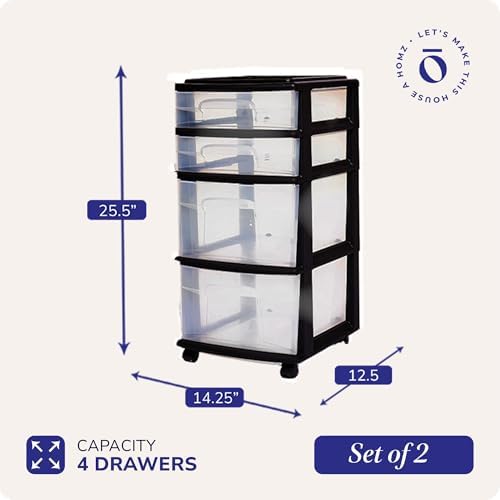 HOMZ Drawer Tower, 4-Tier Cart w/Removable Wheels, Black Frame, 2-Pack - Image 3