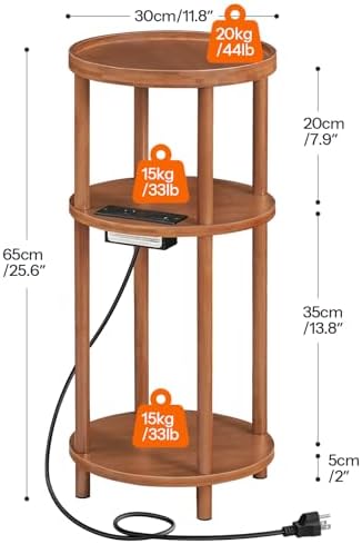 HOOBRO Small Round Side Table with Charging Station, 3-Tier Round Bamboo End Table, Compact Sofa Bedside Table for Small Space, Easy Assembly, for Living Room, Bedroom, Apartment, Walnut WL152UBZ01 - Image 3
