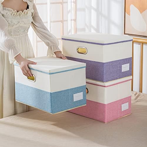 PRANDOM Large Foldable Storage Bins with Lids [3-Pack] linen Fabric Decorative Storage Boxes Organizer Containers Baskets Cube with Handles Divider for Bedroom Closet Purple&Cream(17.7x11.8x11.8) - Image 7
