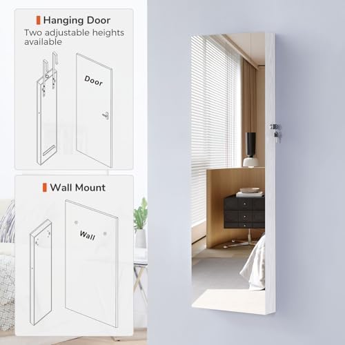 GISSAR Full Length Mirror Jewelry Cabinet, 6 LEDs Jewelry Armoire Wall Mounted Over The Door Hanging, Jewelry Organizer Storage with Lights Lockable White - Image 2