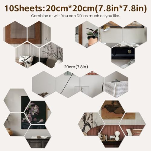 Hexagon Mirror Stickers for Walls 10 Packs 7.8''x7.8'' Stick on Mirrors - Image 2