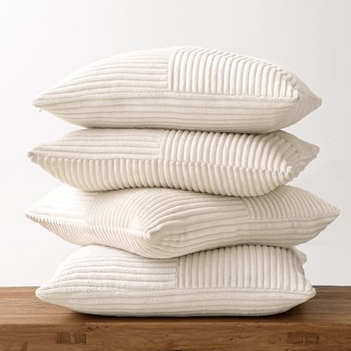 MIULEE Beige Throw Pillow Covers 16x16 Inch Set of 4 Boho Patchwork Cushion Cases Modern Farmhouse Pillow Cases with Invisible Zipper Corduroy Striped Home Decor for Couch Sofa Bedroom - Image 6