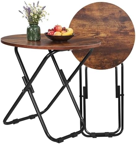 VECELO Patio Outdoor Side Table Set of 2,17.7 inch Small Folding Table Round Waterproof Wood Table,Foldable Anti-Rust Metal Legs Snack Desk for Garden Balcony,Yard,Living Room - Image 4