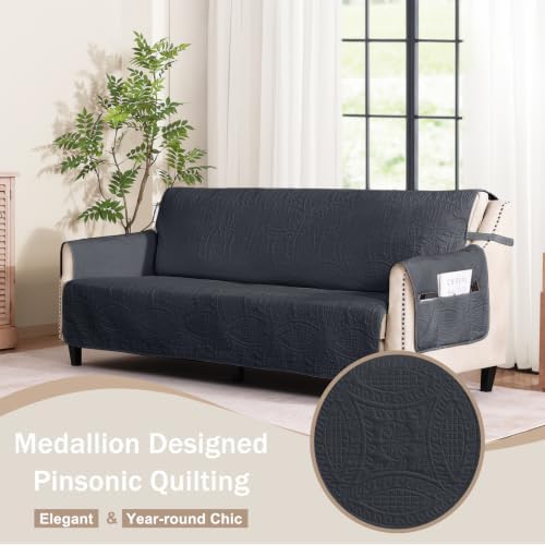Soft Quilted Couch Cover with Pockets for Extra-Large Sofa, Anti-Slip Sofa Covers Washable for 3 Cushion Pet Friendly, Oversized Sofa Cover Water-Repellent (X-Large Sofa 78", Black) - Image 3