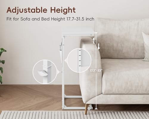 Vagusicc C Shaped End Table with Charging Station, Adjustable Height Side Table for Couch, Sofa Table Laptop Couch Side Tables, Slide Under Sofa TV Tray Arm C Tables for Living Room Bedroom, White - Image 5