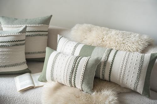 Cethom Boho Lumbar Pillow Covers 14x36 Inch Long, Green Textured Decorative Couch Pillow Cases for Farmhouse Home Decor, Accent Cushion Cover for Sofa, Bed, Living Room, Bedroom, Pack of 1 - Image 2