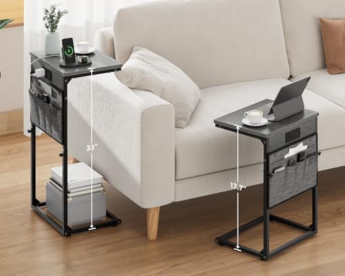 Vagusicc C-Shaped End Table Set of 2 with Charging Station, Small Side Table for Couch, Adjustable Height Couch Side Table, Slide Under Sofa Table TV Tray for Living Room,Bedroom,Bedside, Gray Walnut - Image 2