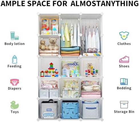 Modular Baby Wardrobe Closet, Portable Children Organizers and Storage for Nursery,15 Cubes with Hanging Rods,Multi-Functional Kids Storage Shelf-Bedroom Clothes Armoire (Boys & Girls) - Image 4