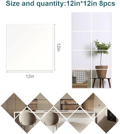8 Pack 12x12 Inch Shatterproof Acrylic Mirror Tiles, Self-Adhesive Full Body Wall Mirrors for Bedroom, Home Gym, Bathroom & Living Room, Unbreakable Flexible Mirror Sheets - Image 2