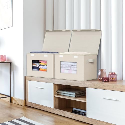 Univivi Collapsible Stackable Storage Bins with Lids, 4 Pack, Beige - Image 5