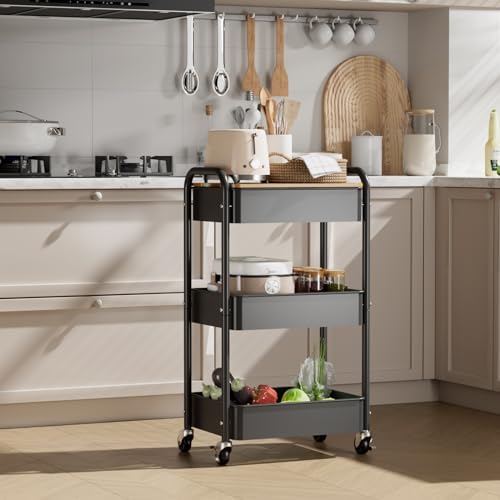 3-Tier Rolling Cart with Table Top, Metal Utility Cart on Wheels - Image 6