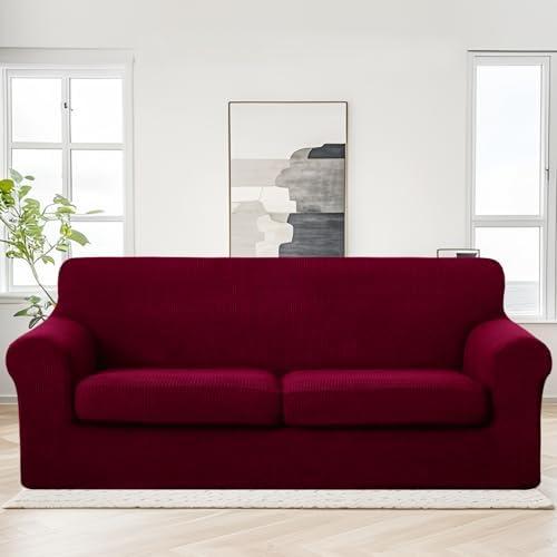 U-NICE HOME 3 Pieces Stretch Couch Cover Sofa Slipcover, Burgundy - Image 2