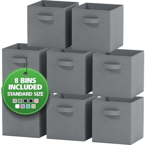 Storage Cubes Pack Of 8 - Standard Size Cube Storage Bin 10.5x10.5x11 With Dual Handles For Easy Carrying- Fabric Storage Bins Collapsible (Grey) by Royexe+Home