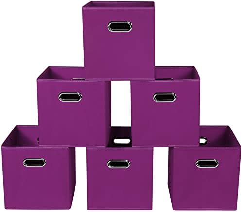 Fabric storage bins Cubes, Fabric Cube Organizer with Handle, Foldable Cube Bins for Cloth or Accessary Storage, 11x11x11, Set of 6, (Purple) by Yunkeeper