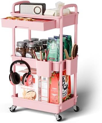 Sorgion 3 Tier Rolling Cart Organizer,Laundry Room Bathroom Organizers and Storage Office Shelves Mobile Shelving Unit Kitchen Trolley Cart with Wheels for Art,Craft,Diaper,Bedside,Snack(Pink) by Sorgion