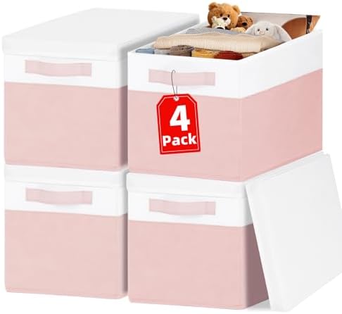 Large Closet Organizer Bins with Lids 4 Pack - 23 QT Collapsible Decorative Storage Boxes with Lids - Clothes Storage Bins with Handles - Fabric Containers for Living Room, Dorm, Nursery - Pink by Criusia