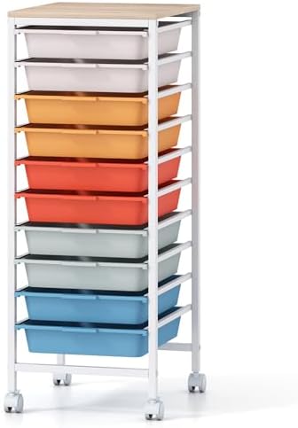 Giantex Rolling Storage Cart with 10 Drawers, Utility Cart w/Wooden Tabletop, Lockable Wheels, Multipurpose Organizer for Art Craft Books Paper, Drawer Carts for Dorm Classroom Office, Macaron by Giantex