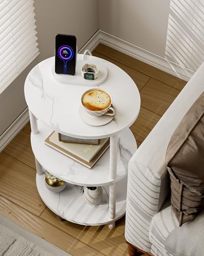 Small Round Side Table - 3-Tier Oval Accent Table for Small Spaces, Rustic Wood and Metal Nightstand for Living Room or Bedroom, with Built-in USB Ports and Power Outlet, Marble White - Image 4