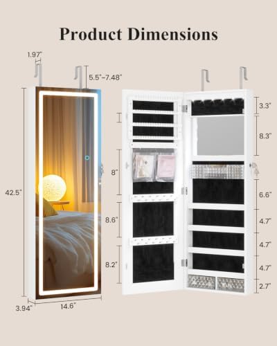 LVSOMT 42.5" Wall Mounted Jewelry Organizer with LED Mirror, White - Image 2