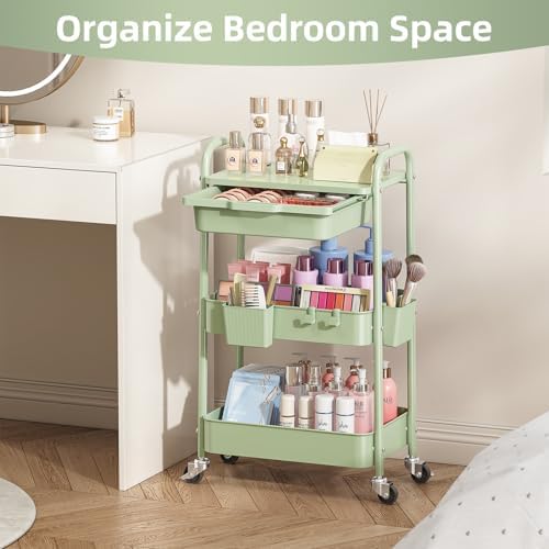 KINGRACK 3 Tier Metal Rolling Cart with Drawer, Green Utility Storage Cart | 2 Cups & 4 Hooks, Lockable Wheels, Trolley Organizer for Bathroom, Kitchen, Office, Nursery, Dorm, Laundry, Craft Room - Image 6