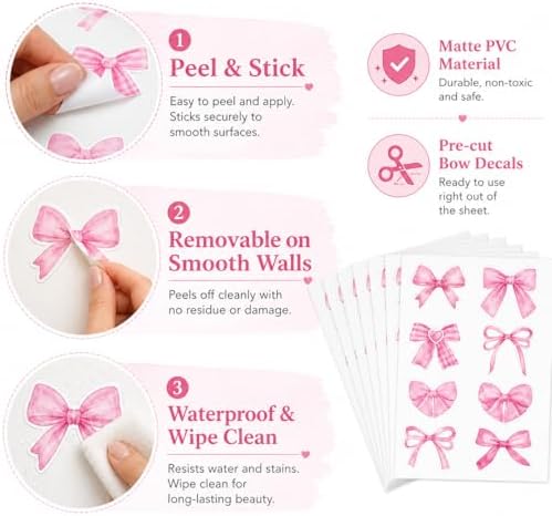 60Pcs Watercolor Bowtie Wall Stickers - Coquette Aesthetic Vinyl Decals for Room Decor in Light Pink, Sky Blue, Mint Green, Lavender Peel and Stick Nursery, Bedroom, Kindergarten Wall Art (Pink) - Image 3