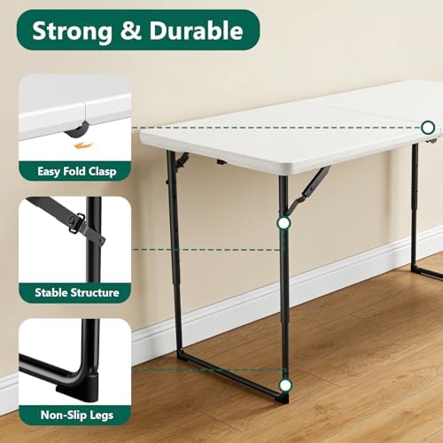 4FT Folding Table 2 Pack,Adjustable Height Heavy Duty Plastic Folding Tables with Carry Handles,Fold-in-Half Portable Tables with Steel Legs for Party, Wedding,Camping, Picnic,Indoor Outdoor,White - Image 4