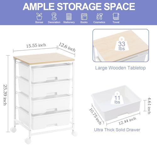 SYKIARIOL Rolling Cart with Drawers, 4-Drawer Utility Cart, Bright White - Image 3