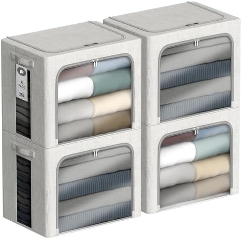 4 Pack Clothes Storage Bins with Metal Frame - 36L Stackable Storage Box with Lid，Foldable Storage Container Organizer for Clothes，Linen Fabric Storage Box with Clear Window＆Zippers＆Handles by Chizjox