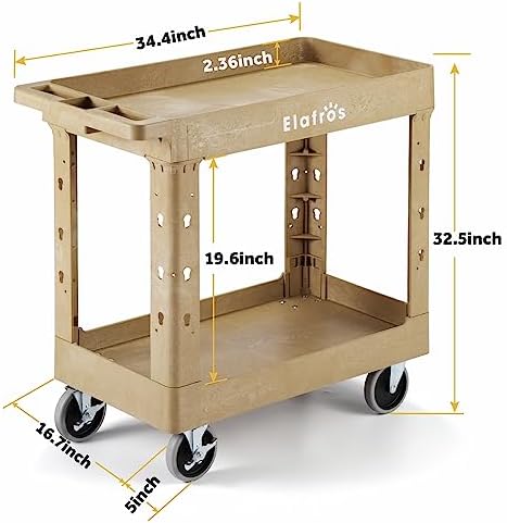 ELAFROS 2-Tier Heavy Duty Utility Rolling Cart, 34 x 17 in, 5" Wheels, Sand - Image 2