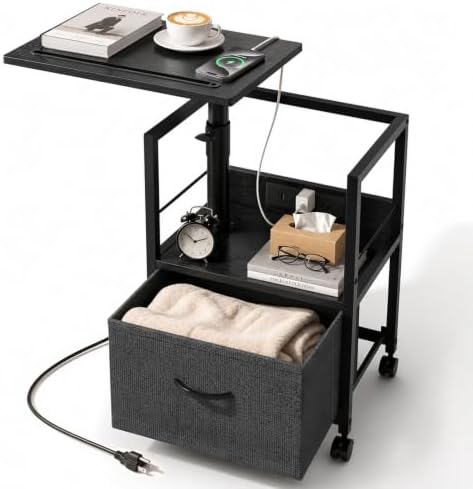 Faesun Swivel Lift Top Nightstand with Charging Station, Rolling Side Table for Recliner, Bedside Table with Wheels & a Fabric Drawer, for Small Spaces, for Bedroom, Living Room, Black Gray by Faesun