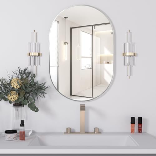 Oval Bathroom Mirror Wall Vanity Oval Mirrors, 20"x30" Silver Bathroom Mirrors for Over Sink Pill Mirrors Capsule Wall Mounted Mirror, Modern Mirror with Metal Frame for Wall Decor by NEUWEABY