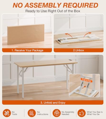 XBurmo Small Folding Desk Folding Table, No Assembly Foldable Desk Gaming Desk, 55.1-Inch Computer Table Workstation with 2 AC Outlets and 2 USB Ports for Bedroom and Home Office, Light Maple - Image 3