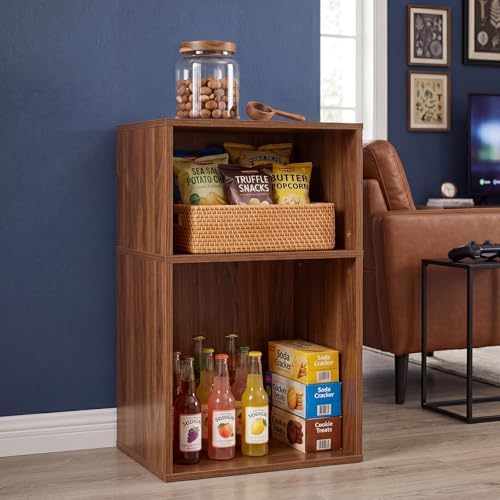 YAHARBO 2 Cube Bookshelf, Brown Record Player Stand with Vinyl Storage Up to 100 Albums, Horizontal Book Shelf, Small Cubby Bookcase with Storage Organizer, Turntable Stand for Living Room, Bedroom - Image 2