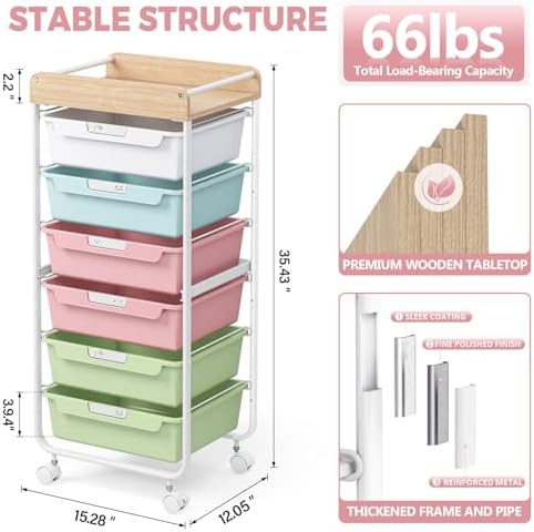 SYKIARIOL Rolling Cart with 6 Drawers,Craft Organizer and Storage,Colorful - Image 5