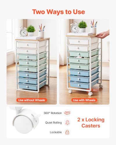 VEVOR Rolling Cart with Drawers, 8 Drawer Storage Organizer, Mobile Utility Cart with Wood Top, Steel Frame, Universal Casters & 2 Brakes, for Office, Classroom, Craft Supplies, Bedroom, Green Blue - Image 3