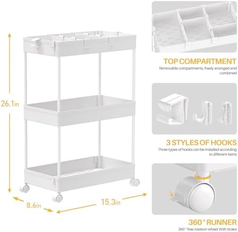 SPACELEAD 3 Tier Rolling Cart with Wheels, Storage Craft Art Trolley Organizer Serving, 3 Hanging Baskets Easy Assembly, for Office, Bathroom，Living Room, Kitchen, White - Image 2