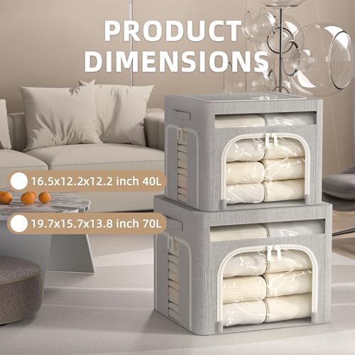 FHSQX 6 Pack Foldable Storage Bins for Clothes Clothes Storage Bins with Metal Frame Stackable Storage Box with Lid (Light Grey, 16.5x12.2x12.2 inch (40L)) - Image 3