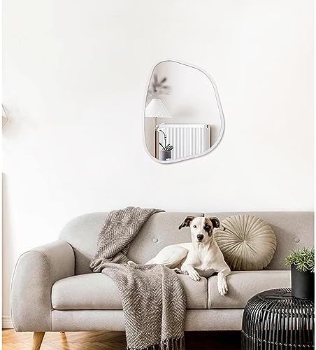 White Irregular Bathroom Mirror Modern Oval Wall Mirror Asymmetrical Wooden Framed Wall Mirror Unique Shape Wall Mounted Vanity Artistic Mirror Decor for Living Room Bedroom Entryway Small 14"x10" - Image 3