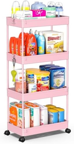 SPACEKEEPER 4 Tier Rolling Cart, Bathroom Cart Organizer with Wheels, Pink by SPACEKEEPER
