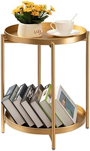 TeoKJ 2 Tier Gold Side Table, Folding Round Metal End Table Small Nightstand with Two Removable Tray for Bedroom Living Room Small Spaces Bedside Gold by TeoKJ