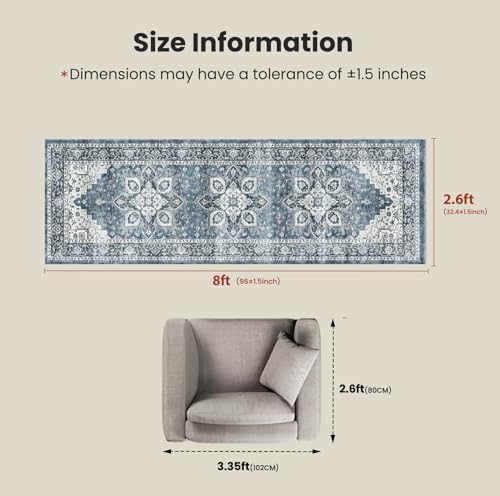 AMADA HOMEFURNISHING 2'6"x8' Washable Area Rug, Low-Profile Entryway Rug with Non-Slip Backing & Durable Edge Binding, Vintage Rug Pattern, Small Rugs for Entryway, Kitchen & Living Room - Image 2